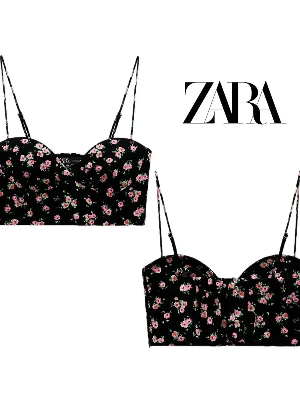 Zara black pink floral flower sweetheart spaghetti strap bustier crop top Sz XL - Picture 2 of 8